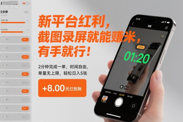 新平台红利，截图录屏就能賺米，有手就行！2分钟完成一单，时间自由，单量无上限，轻松日入5张【揭秘】-weichuangqy