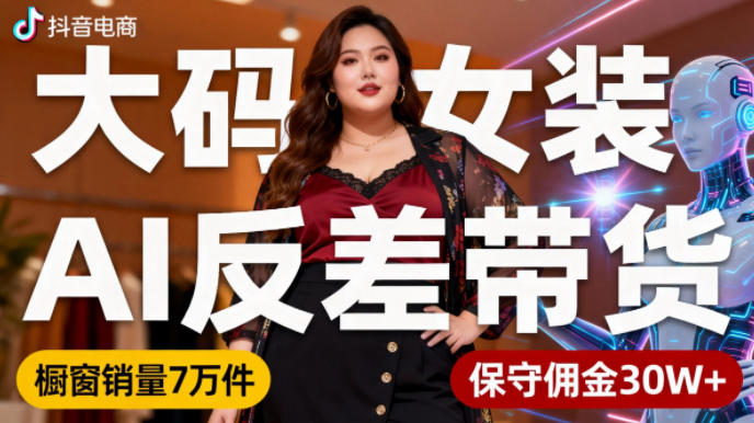 抖音小众赛道，大码女装AI反差带货，不用直播，每天6条作品，橱窗卖7万件，保守佣金30W+-weichuangqy