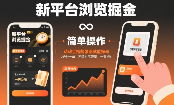 新平台浏览掘金，动动手指截张图就能挣米，2分钟一单，不限时不限量，一天5张【揭秘】-weichuangqy