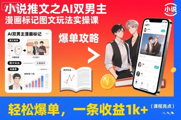 小说推文之AI双男主漫画标记图文玩法实操课，轻松爆单，一条收益1k+-weichuangqy