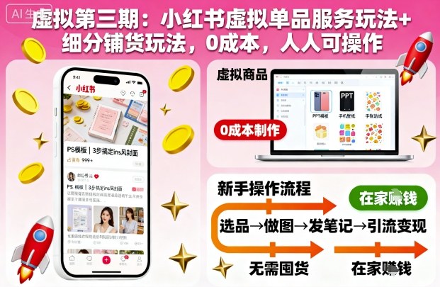 虚拟第三期：小红书虚拟单品服务玩法+细分铺货玩法，0成本，人人可操作-weichuangqy
