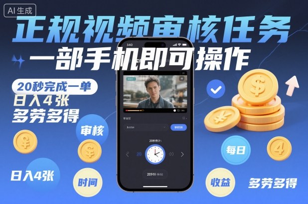 正规视频审核任务，一部手机即可操作，20秒完成一单，日入4张，多劳多得【揭秘】-weichuangqy