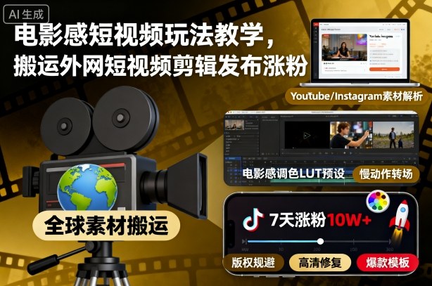 电影感短视频玩法教学，搬运外网短视频剪辑发布涨粉-weichuangqy