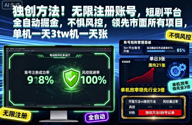 独创方法！无限注册账号，短剧平台全自动掘金，不惧风控，领先市面所有项目，单机一天3张【揭秘】-weichuangqy