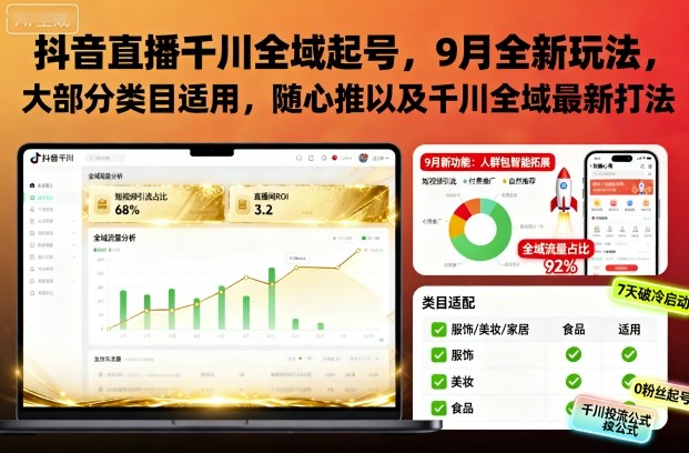 抖音直播千川全域起号，9月全新玩法，大部分类目适用，随心推以及千川全域最新打法-weichuangqy