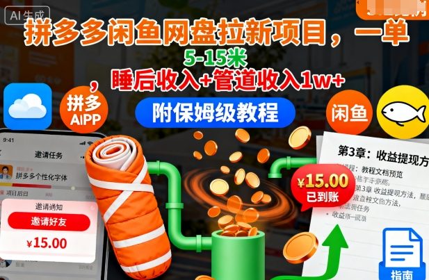 拼多多闲鱼网盘拉新项目，一单5-15米，睡后收入+管道收入1w+(附保姆级教程)-weichuangqy