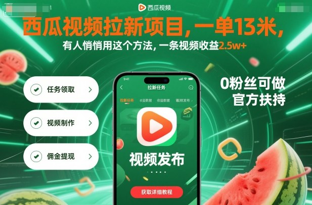 西瓜视频拉新项目，一单13米，有人悄悄用这个方法，一条视频收益2.5w+(附详细教程)-weichuangqy