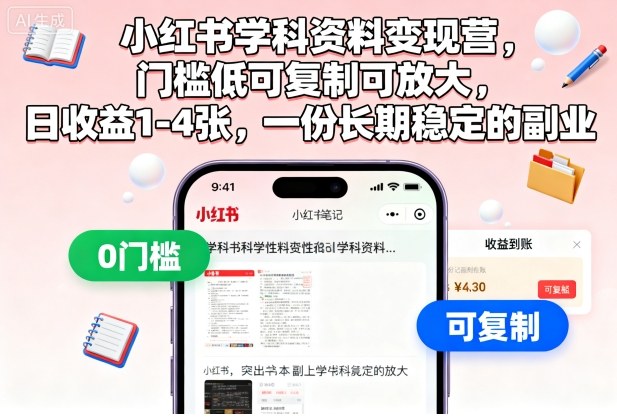 小红书学科资料变现营，门槛低可复制可放大，日收益1-4张，一份长期稳定的副业-weichuangqy