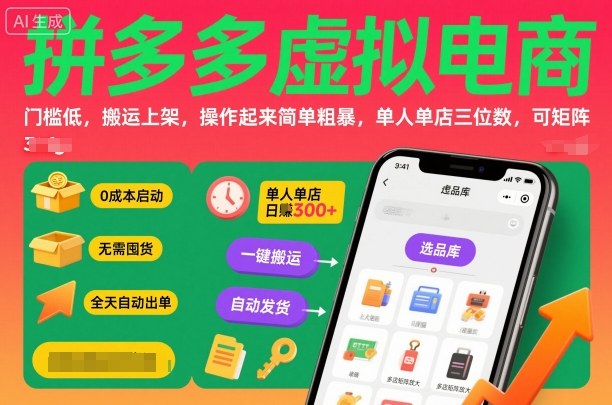 拼多多虚拟电商，门槛低，搬运上架，操作起来简单粗暴，单人单店三位数，可矩阵-weichuangqy