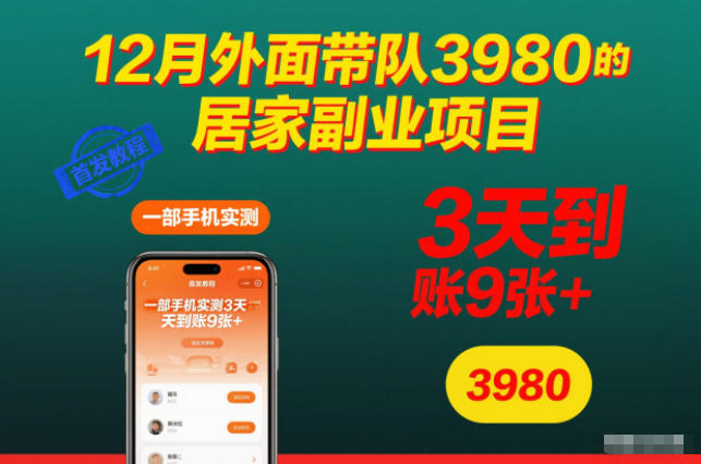 12月外面带队3980的居家副业项目，一部手机实测3天到账9张+，首发教程【揭秘】-weichuangqy