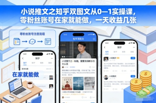 小说推文之知乎双图文从0—1实操课，零粉丝账号在家就能做，一天收益几张-weichuangqy