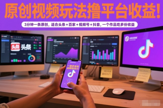 原创视频玩法撸平台收益，3分钟一条原创，适合头条+百家+视频号+抖音，一个作品吃多份收益-weichuangqy