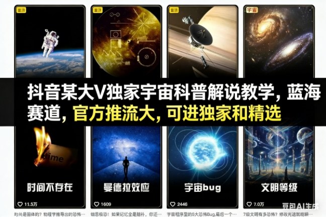 抖音某大V独家宇宙科普解说教学，蓝海赛道，官方推流大，可进独家和精选-weichuangqy