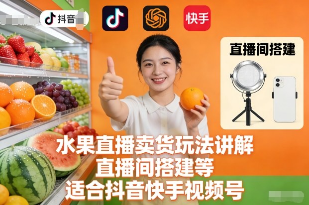 水果直播卖货玩法讲解、直播间搭建等，适合抖音快手视频号-weichuangqy