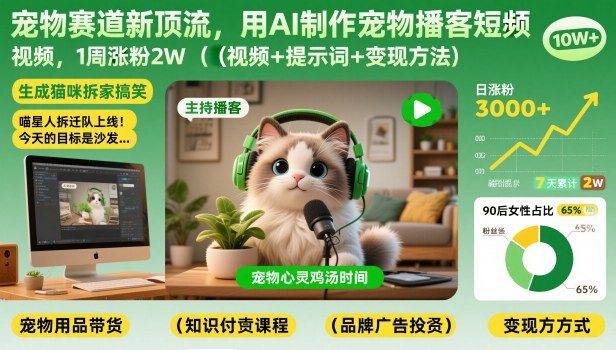 宠物赛道新顶流，用AI制作宠物播客短视频，1周涨粉2W(视频+提示词+变现方法)-weichuangqy