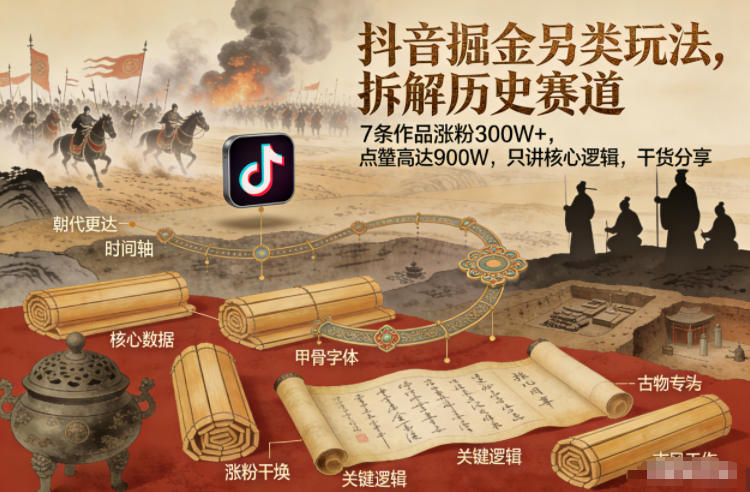 抖音掘金另类玩法，拆解历史赛道，7条作品涨粉300W+，点赞量高达900W，只讲核心逻辑，干货分享-weichuangqy