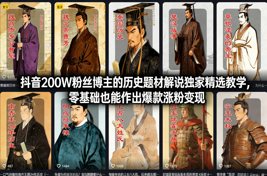 抖音200W粉丝博主的历史题材解说独家精选教学，零基础也能作出爆款涨粉变现-weichuangqy