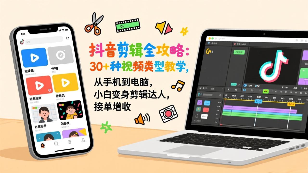 抖音剪辑全攻略：30+种视频类型教学，从手机到电脑，小白变身剪辑达人，接单增收-weichuangqy