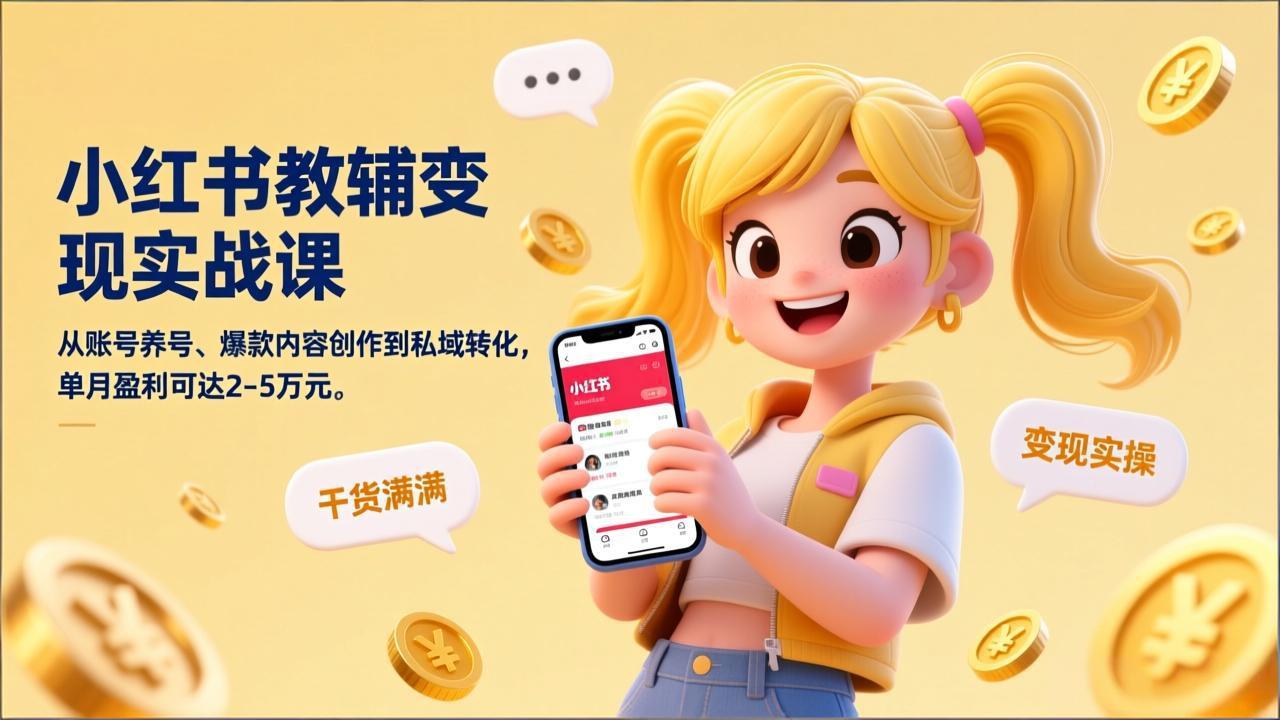 小红书教辅变现实战课，从账号养号、爆款内容创作到私域转化，单月盈利可达2-5万元-weichuangqy