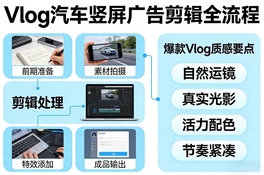 Vlog感觉汽车竖屏广告剪辑脚本全流程，拿捏爆款Vlog质感-weichuangqy