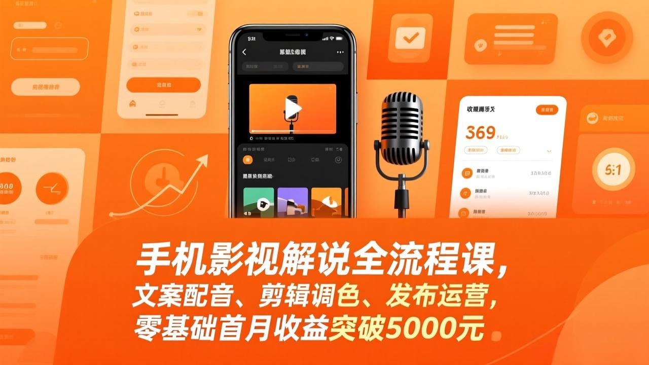 手机影视解说全流程课，文案配音、剪辑调色、发布运营，零基础首月收益突破5000元-weichuangqy