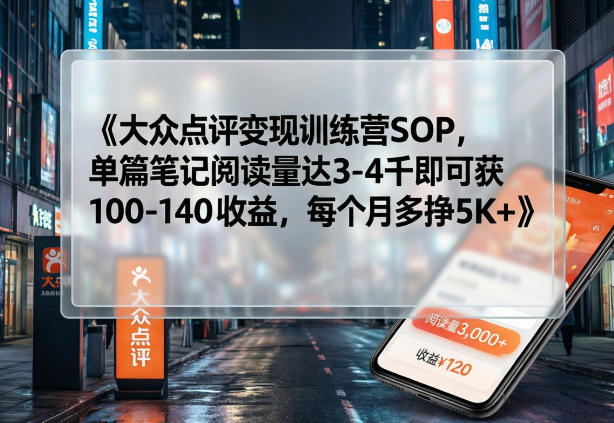 大众点评变现训练营SOP，单篇笔记阅读量达3-4千即可获100-140收益，每个月多挣5K+-weichuangqy