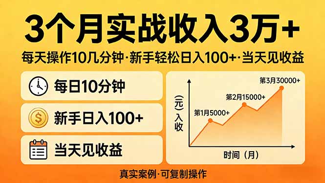 3个月实战收入3万+，每天操作10几分钟，新手轻松日入100+，当天见收益-weichuangqy