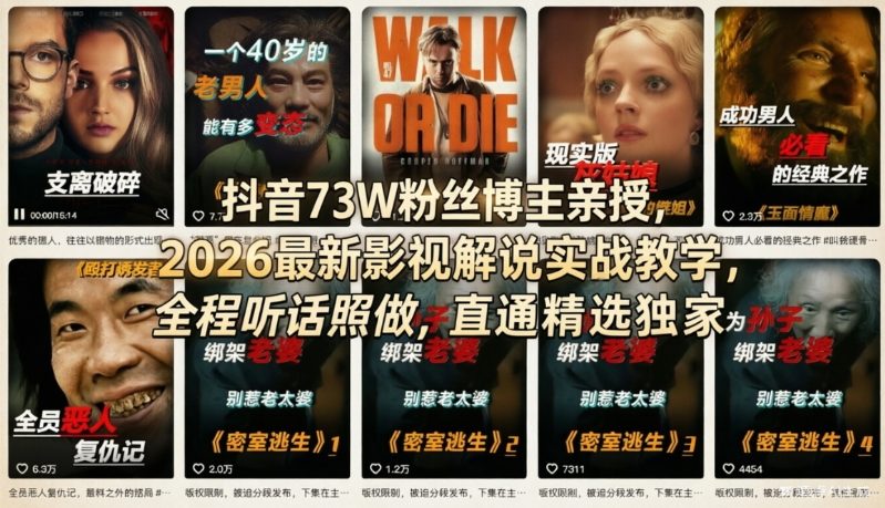 抖音73W粉丝博主亲授，2026最新影视解说实战教学，全程听话照做，直通精选独家-weichuangqy