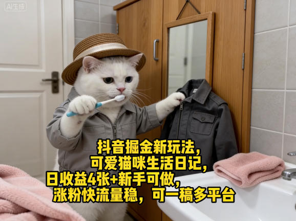 抖音掘金新玩法，可爱猫咪生活日记，日收益4张+新手可做，涨粉快流量稳，可一稿多平台-weichuangqy