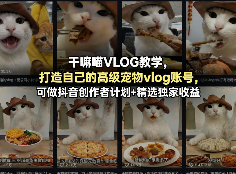 干嘛喵VLOG教学，打造自己的高级宠物vlog账号，可做抖音创作者计划+精选独家收益-weichuangqy