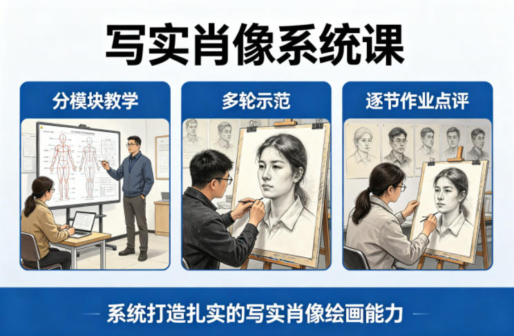写实肖像系统课，全程分模块教学+多轮示范+逐节作业点评，系统打造扎实的写实肖像绘画能力-weichuangqy
