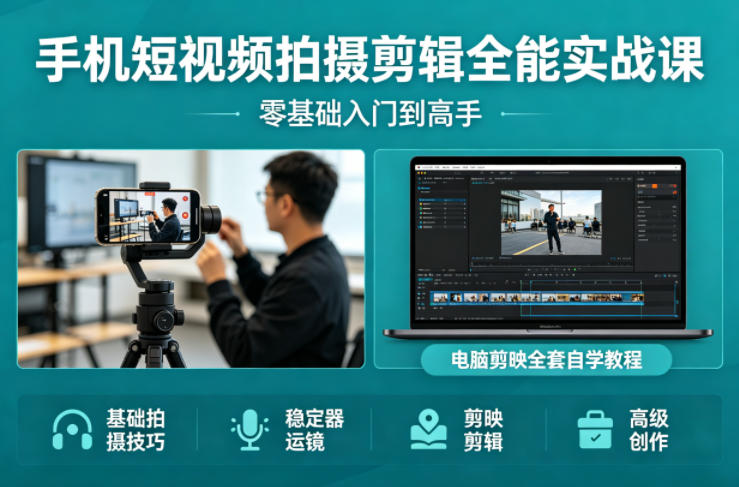 手机短视频拍摄剪辑全能实战课：零基础入门到高手，稳定器运镜+电脑剪映全套自学教程-weichuangqy