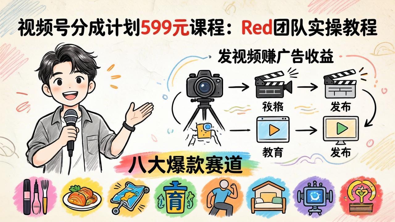 视频号分成计划599元课程：Red团队实操教程，发视频赚广告收益，八大爆款赛道全掌握-weichuangqy