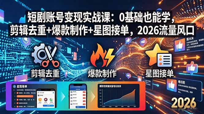 短剧账号变现实战课：0基础也能学，剪辑去重+爆款制作+星图接单，2026流量风口-weichuangqy