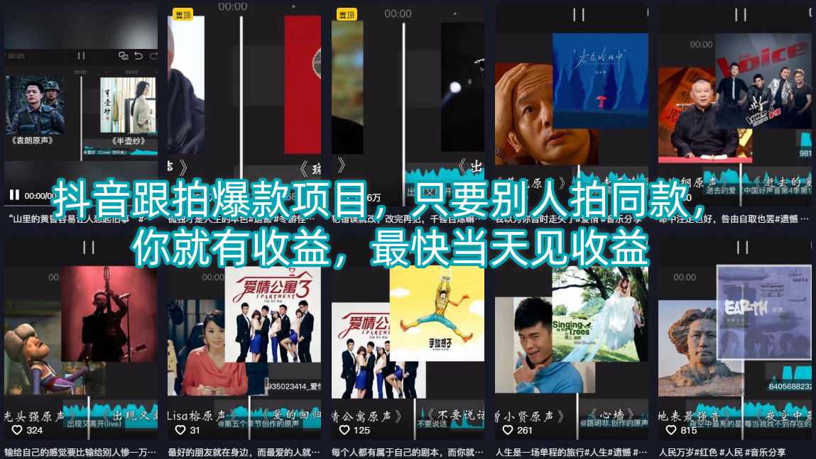 抖音跟拍爆款项目，只要别人拍同款，你就有收益，最快当天见收益-weichuangqy
