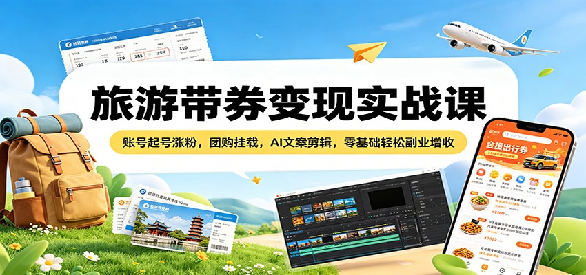 旅游带券变现实战课：账号起号涨粉，团购挂载，AI文案剪辑，零基础轻松副业增收-weichuangqy