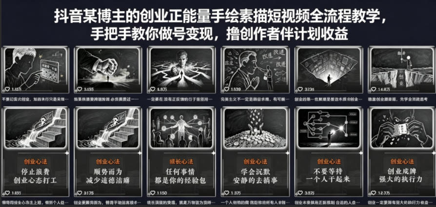 抖音某博主的创业正能量手绘素描短视频全流程教学，手把手教你做号变现，撸创作者伙伴计划收益-weichuangqy