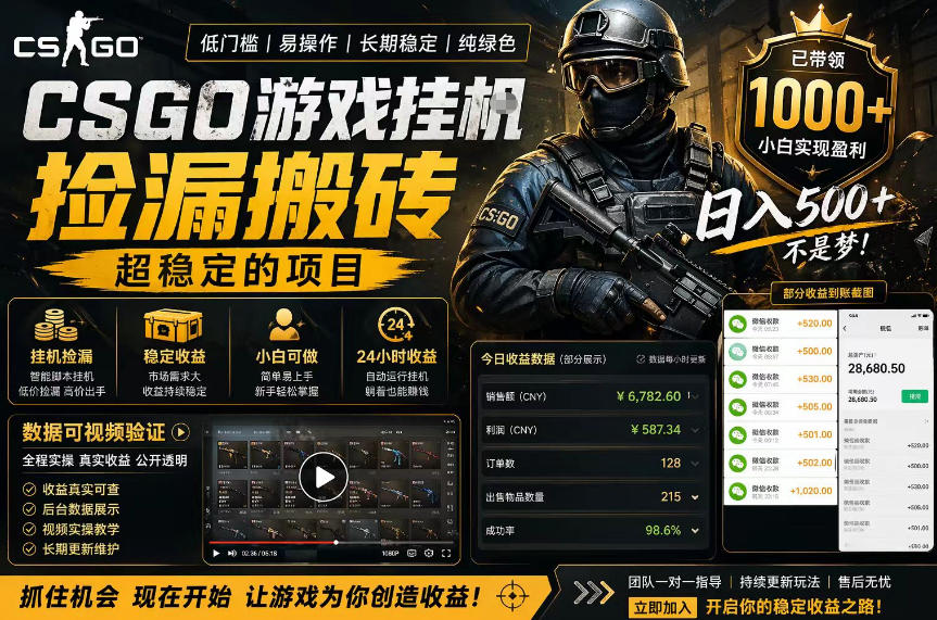 CSGO游戏搬砖，全自动挂G，不需要玩游戏，手机操作日入300+，解放双手【揭秘】-weichuangqy
