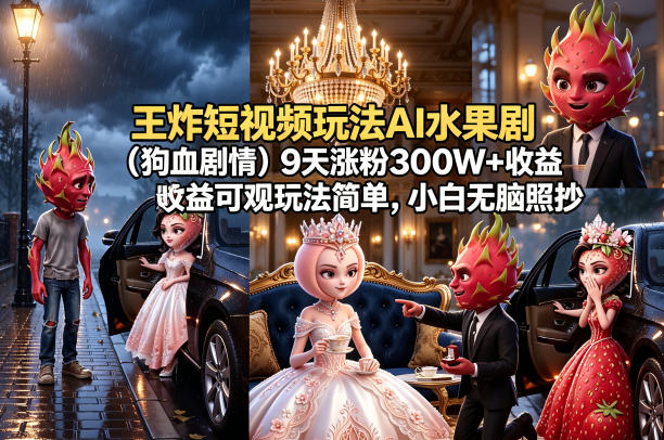 王炸短视频玩法AI水果剧(狗血剧情)9天涨粉300W+收益可观玩法简单，小白无脑照抄，详细拆解玩法-weichuangqy