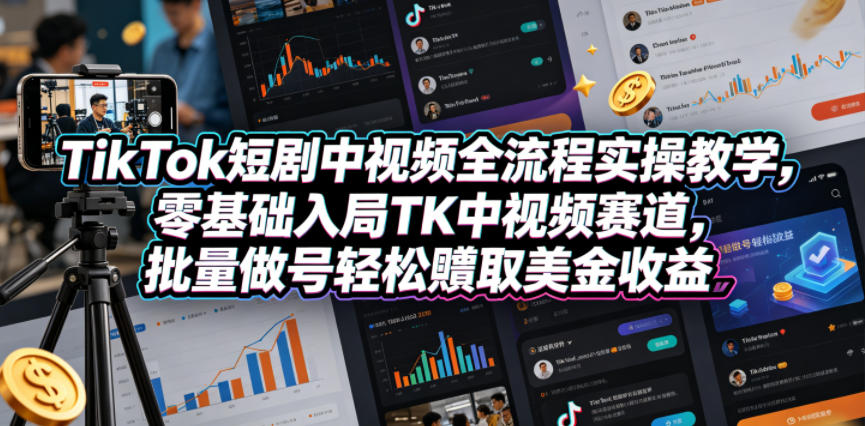 TikTok短剧中视频全流程实操教学，零基础入局TK中视频赛道，批量做号轻松賺取美金收益-weichuangqy