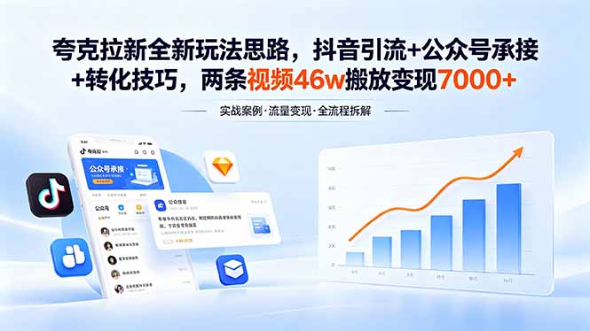 夸克拉新全新玩法思路，抖音引流+公众号承接+转化技巧，两条视频46w搬放 变现7000+-weichuangqy