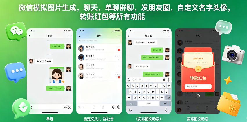 微信模拟图片生成，聊天，单聊群聊，发朋友圈，自定义名字头像，转账红包等所有功能都可以生成-weichuangqy