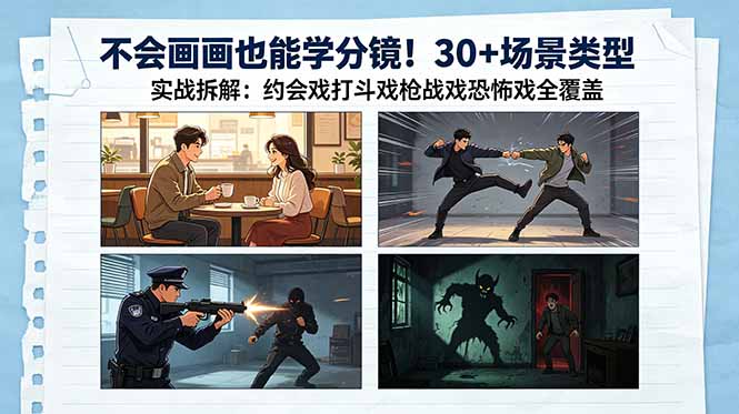 不会画画也能学分镜！30+场景类型实战拆解：约会戏打斗戏枪战戏恐怖戏全覆盖-weichuangqy