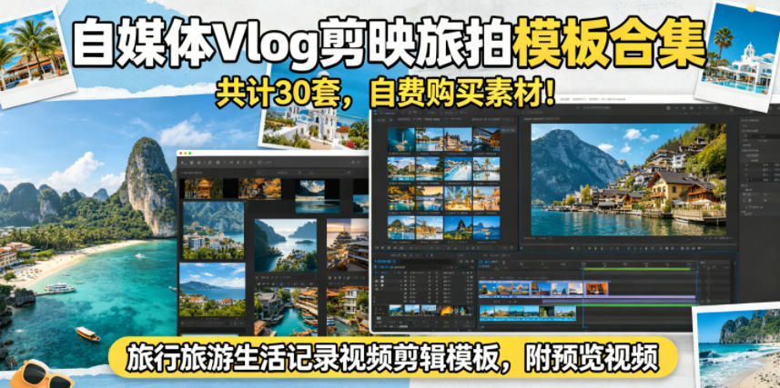 自媒体Vlog剪映旅拍模板合集，共计30套，自费购买素材！旅行旅游生活记录视频剪辑模板，附预览视频-weichuangqy