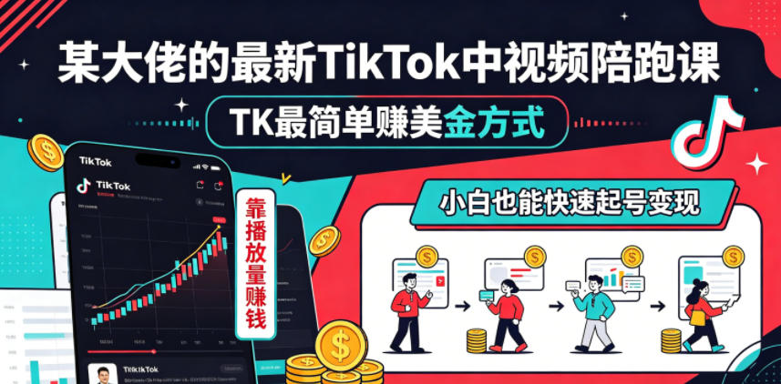 某大佬的最新TikTok中视频陪跑课，TK最简单賺美金方式，靠播放量賺钱，小白也能快速起号变现-weichuangqy