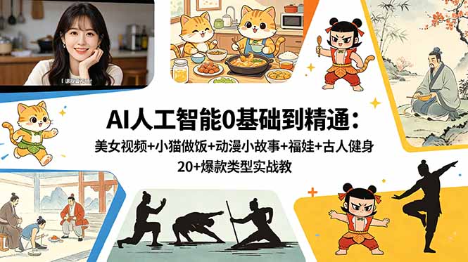 AI人工智能0基础到精通：美女视频+小猫做饭+动漫小故事+福娃+古人健身，20+爆款类型实战教学-weichuangqy