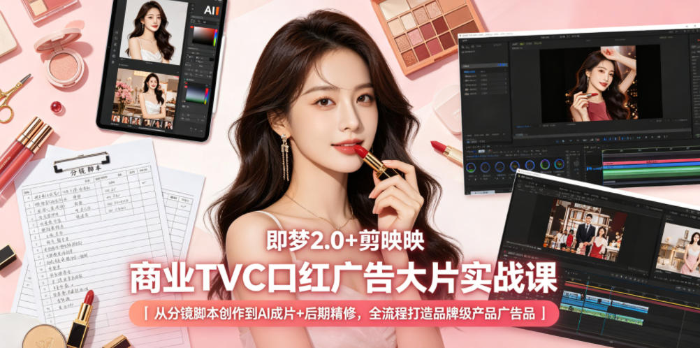 即梦2.0+剪映商业TVC口红广告大片实战课｜从分镜脚本创作到AI成片+后期精修，全流程打造品牌级产品广告-weichuangqy