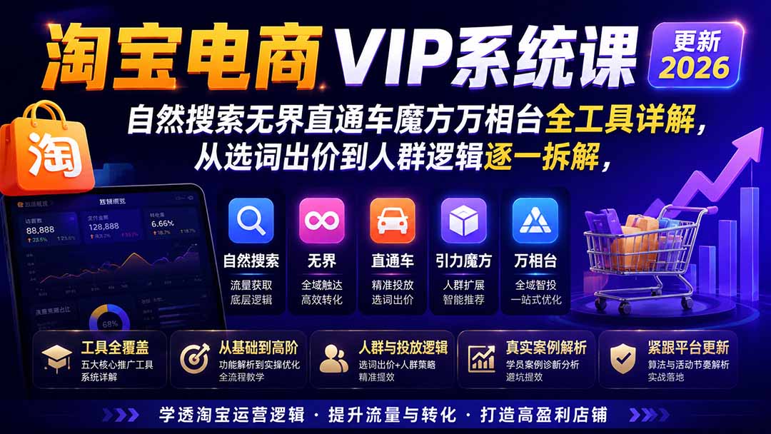 淘宝电商VIP系统课-更新8月；自然搜索无界直通车魔方万相台全工具详解，从选词出价到人群逻辑逐一拆解-weichuangqy