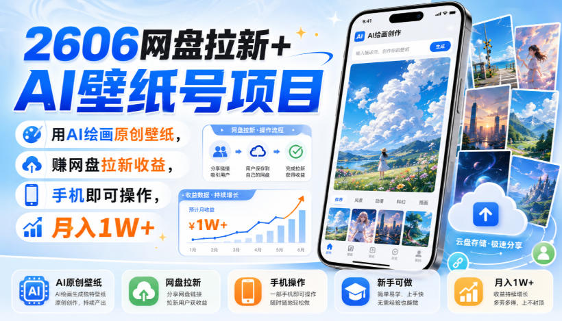2606网盘拉新+AI壁纸号项目,用AI绘画原创壁纸,賺网盘拉新收益,手机即可操作,月入1W+-weichuangqy