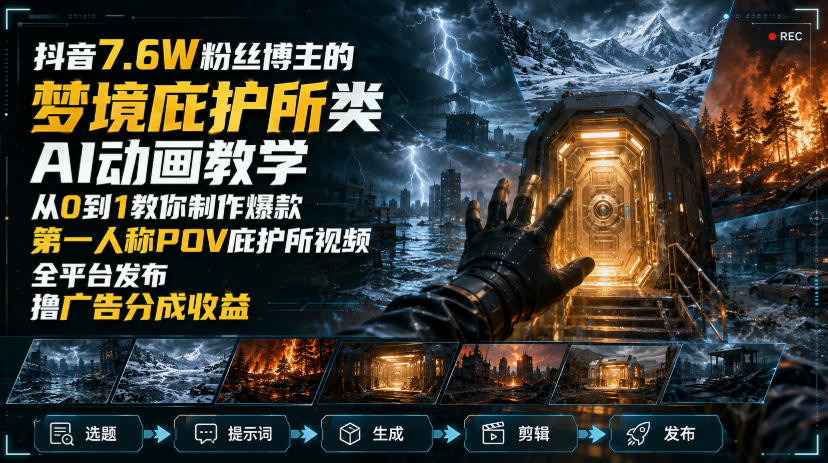 抖音7.6W粉丝博主的梦境庇护所类AI动画教学,从0到1教你制作爆款第一人称POV庇护所视频,全平台发布撸广告分成收益-weichuangqy
